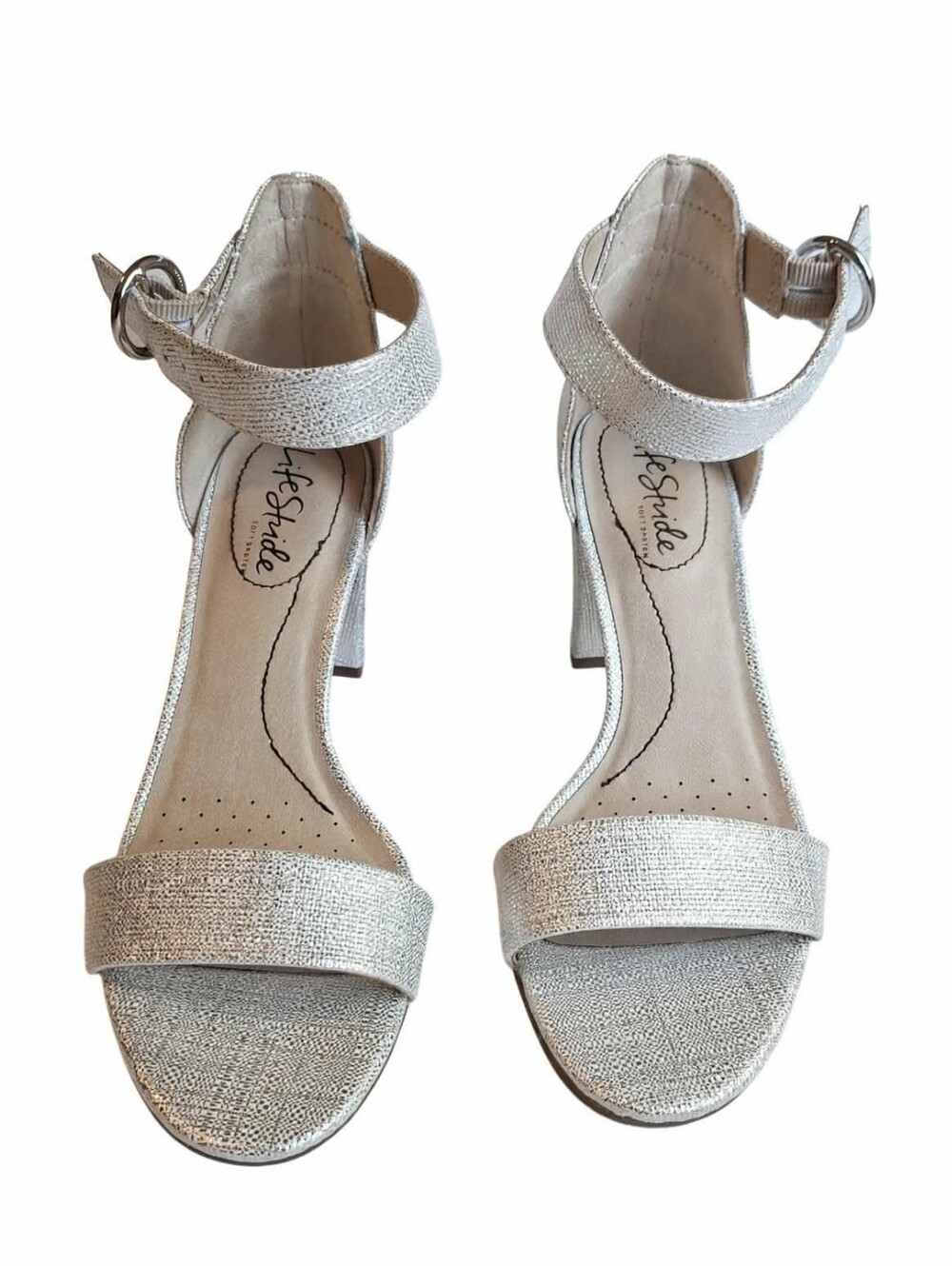 Life Stride Silver Metallic Ankle-Strap Heels